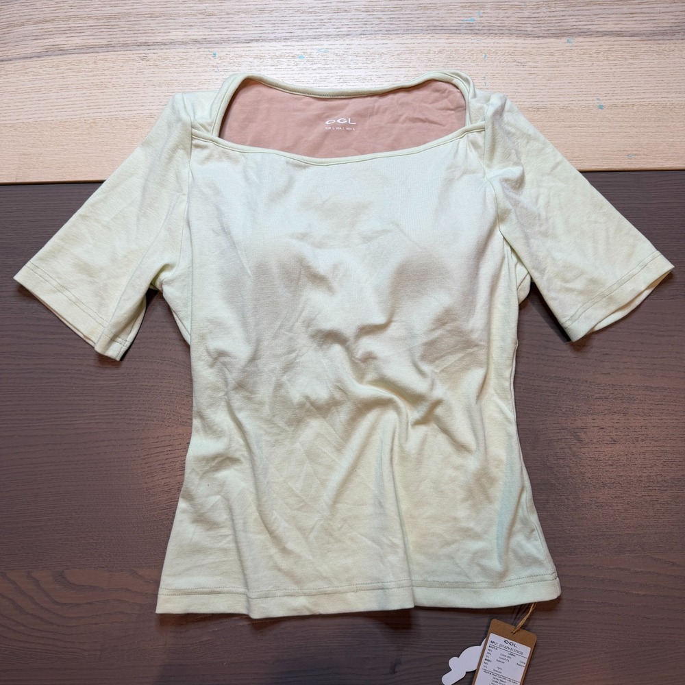 OGL Top Womens Large Square Neck Pullover Built in Bra Short Sleeves